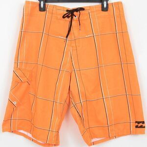 Billabong Platinum Men’s Orange Plaid Board Shorts Size 34 Surf Swim Beach Sport